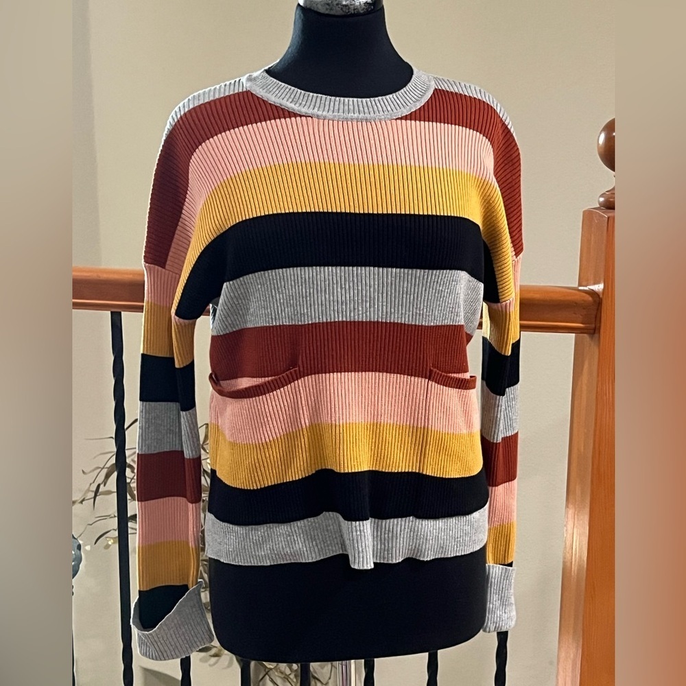 Sophie Rue PATCH POCKET STRIPE Ribbed Colorblock Sweater - Gray & Rust SIZE S - Picture 5 of 12